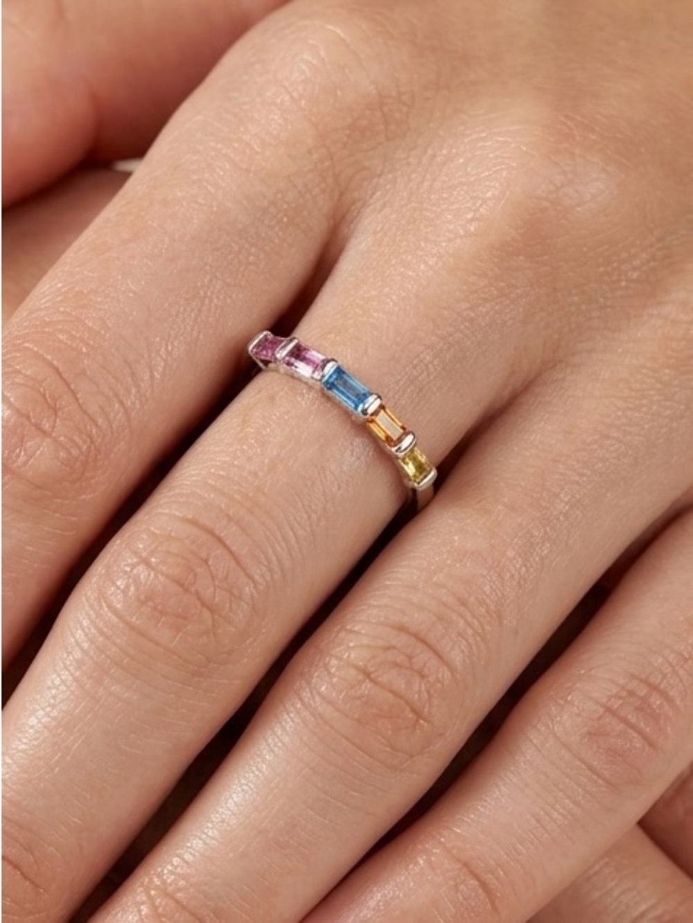 Platinum Plated Multicolor Baguette Crystal Ring | Silver Stackable Band Ring - Picture 2 of 7